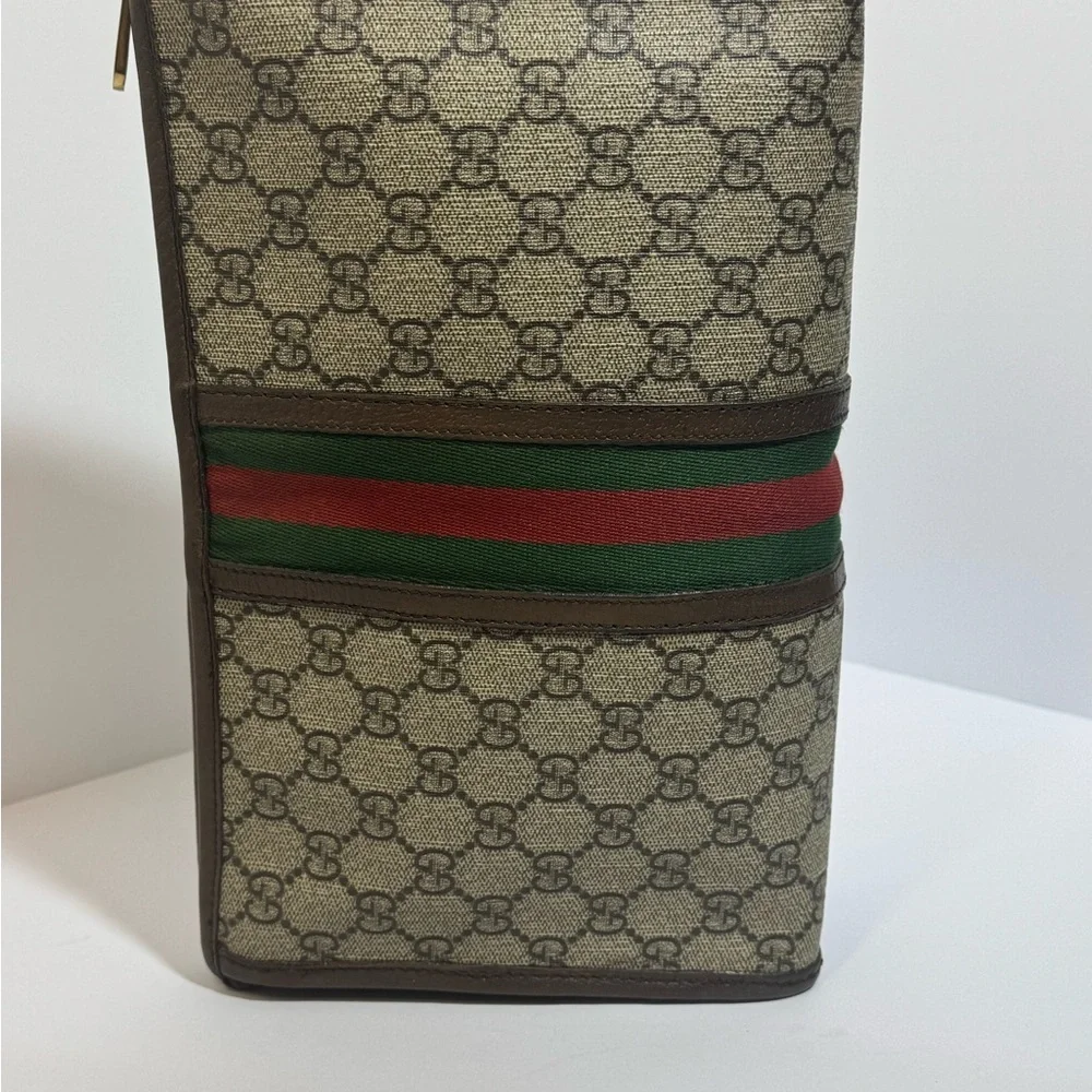 AUTHENTIC Gucci Beige Monogram Pouch/Clutch  with Green and Red Web